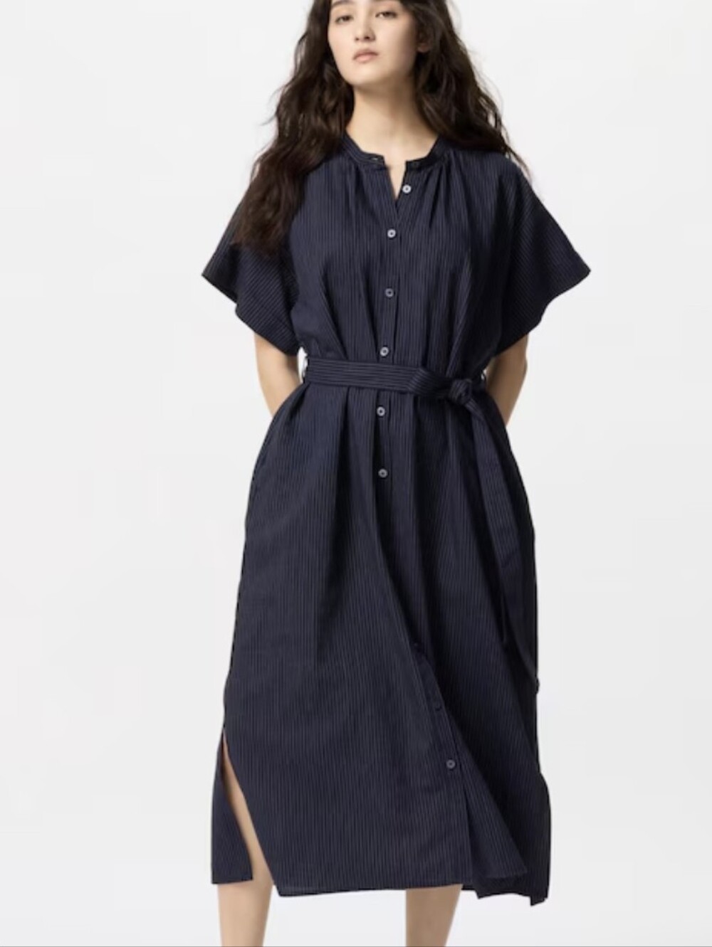 Uniqlo Linen Blend Navy Pinstripe  Short Sleeve Maxi Shirt Dress with Tie